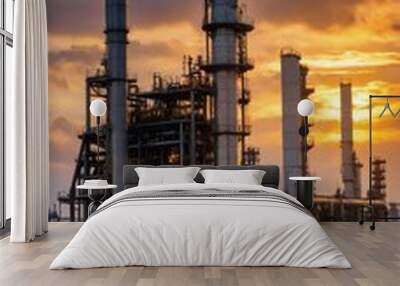 Oil refinery plant and tower column of petrochemistry industry in oil and gas industrial during sunrise. Wall mural