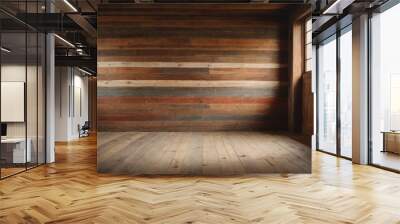 Rustic empty space featuring weathered wood walls and reclaimed barn wood floors for a cozy, vintage feel. Wall mural