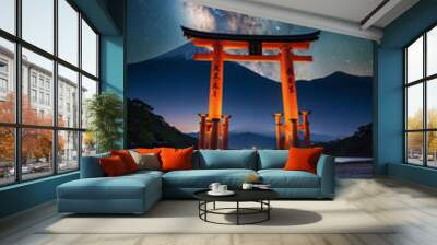 Sacred Passage, Illustration of Torii Gate Against Fuji Mountain and Milky Way Wall mural