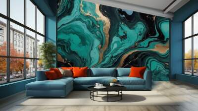 Seafoam green abstract black marble background art paint pattern ink texture watercolor satin bronze fluid wall. Wall mural