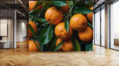 Vibrant background featuring ripe mandarins or oranges adorned with lush green leaves, evoking freshness and natural beauty. Wall mural