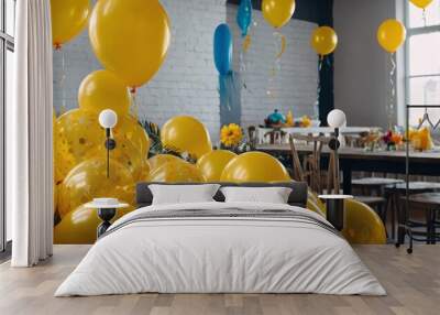 Vibrant yellow helium balloons set the scene for a festive party background Wall mural