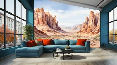 Watercolor desert canyon landscape with towering rock formations and a clear sky. Wall mural