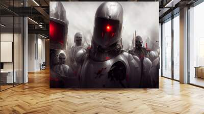 A scary robot cyborg soldier looks at you. Army of undead androids is gathering in the dark to conquer the world Wall mural