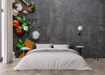 Food background for tasty Italian dishes with tomato. Various cooking ingredients with spaghetti and spoon. Top view with copy space. Wall mural