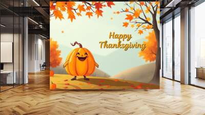 Happy thanksgiving greeting card with copy-space. Happy pumpkin character illustration standing in autumn landscape. ai generated Wall mural