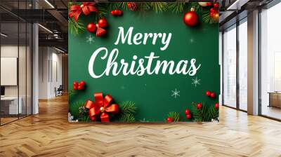 Merry Christmas greeting card text on chalkboard with festive decorations. Wall mural