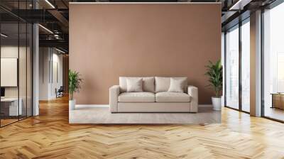 modern brown living room interior with gray sofa, potted plant and copy space Wall mural