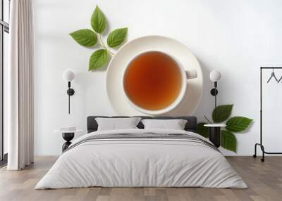 photo top view a cup of tea with leaves in white background ai generated Wall mural