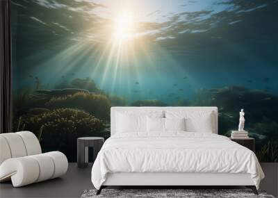 photo underwater view coral reef with sun beam Wall mural