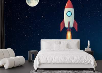 Rocket flying with the moon on starry sky background illustration with copy space Wall mural