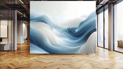 Abstract blue and white wave patterns flowing through a soft landscape background with gentle light Wall mural