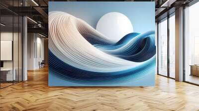 Abstract blue and white wave patterns flowing through a soft landscape background with gentle light Wall mural