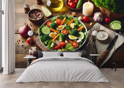 Fresh vegetable salad in a wooden bowl with tomatoes, cucumbers, and greens on a rustic table Wall mural