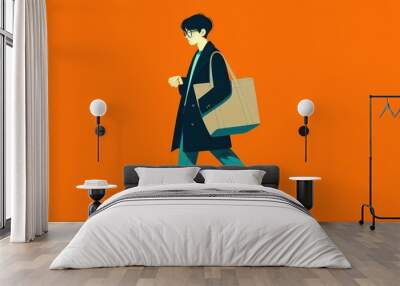 Person Walking Against Orange Background Wall mural