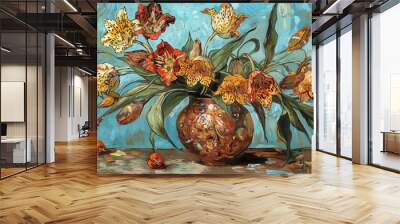 painting of a vase with flowers on a table with a blue background Wall mural