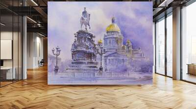 Watercolor painting Saint Isaac's Cathedral or Isaakievskiy Sobor in Saint Petersburg Russia - largest Russian Orthodox cathedral sobor in the city and The Bronze Horseman statue of Peter the Great Wall mural