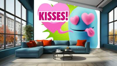 3d Rendering. Emoji in love with heart eyes saying Kisses with C Wall mural