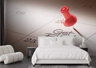 Concept image of a Calendar with a red push pin. Closeup shot of Wall mural