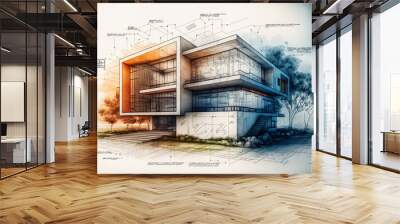 building project plan blueprint of a modern house. Designed using generative ai Wall mural