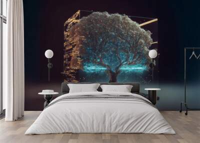 Digital growth and sustainability concept with tree and computer circuits. Designed using generative ai.  Wall mural