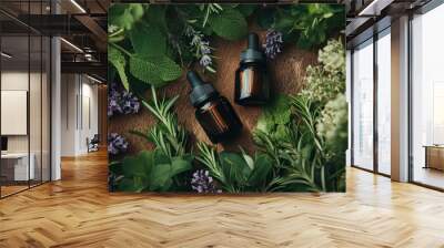 Essential Oils with Fresh Herbs and Flowers Wall mural