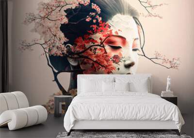 Geisha in Japan with cherry tree. Concept. Designed using generative ai. Wall mural