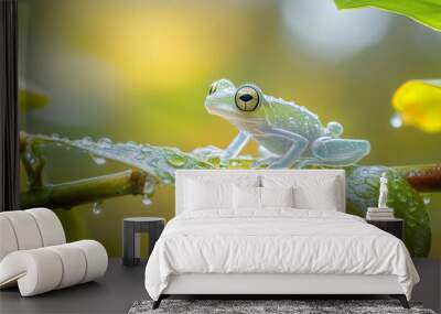 Green Frog on a Leaf with Water Drops - Nature Photography Wall mural