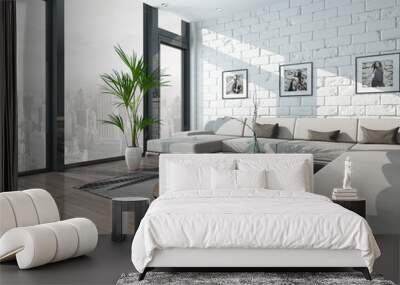 Nice living room interior with couch and brick wall Wall mural