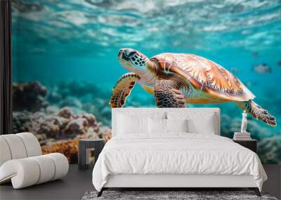 Sea Turtle Swimming Through a Vibrant Coral Reef Wall mural