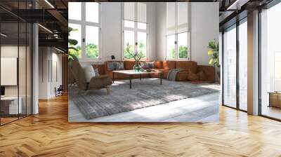 White scandinavian loft interior with leather couch. 3d Rendering. Wall mural