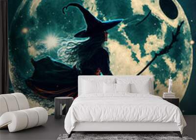 Witch flying on a broom in front of full moon. Designed using generative ai.  Wall mural