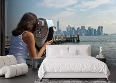 Woman Looking Through View Finder at NYC Skyline Wall mural