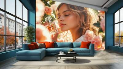 Woman Smelling Perfume In A Rose Garden Wall mural