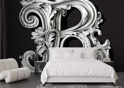 B letter, baroque sculptures scroll, black background Wall mural