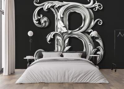 B letter, baroque sculptures scroll, black background Wall mural