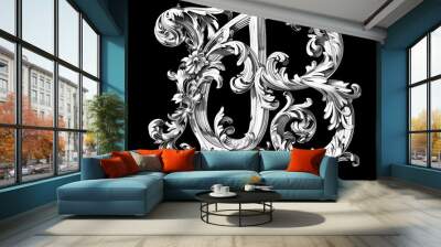 B letter, baroque sculptures scroll, black background Wall mural