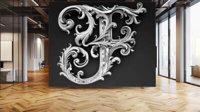 intricate white F letter, baroque sculptures, black background Wall mural