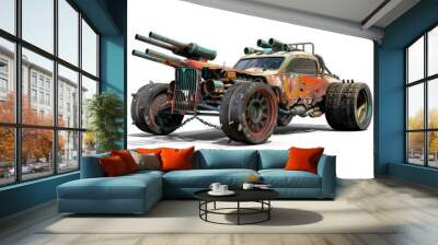 rusted twisted metal war car with weapons, white background Wall mural