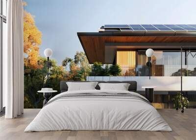 Modern sustainable home with solar panels on roof, surrounded by lush greenery.  Concept of eco-friendly living, renewable energy, and green architecture. Wall mural