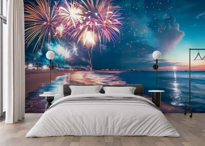 Silhouette of a Person Watching Fireworks Wall mural