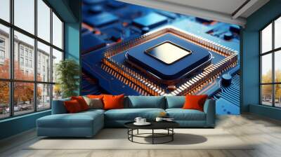 3D rendering of blue chip on circuit board background Wall mural