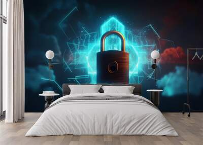 Cyber security, data protection, cyber attack concept on blue background Wall mural