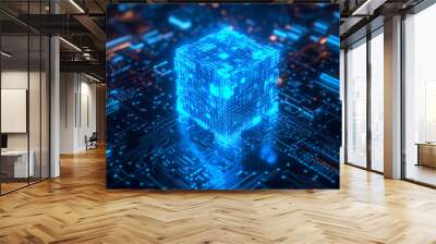 Futuristic tech feel in a glowing blue cube Wall mural