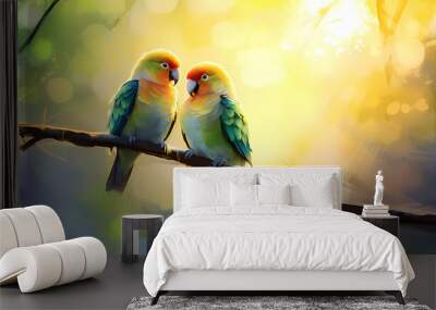 Two colorful love birds sitting on a branch and kissing Wall mural