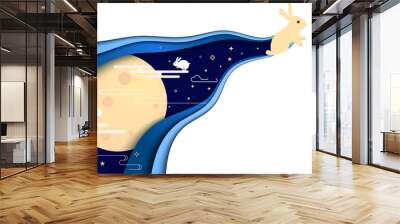 Happy Mid Autumn Festival in paper cut style. Moon rabbit.  Chuseok. Chinese holiday. Greeting card and poster Wall mural