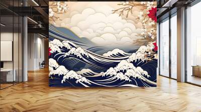 Oriental style background with Japanese pattern oriental line art and golden line art texture. There are wallpapers of Mount Fuji, sunshine, cherry blossoms, ocean and waves. Japanese food store backg Wall mural