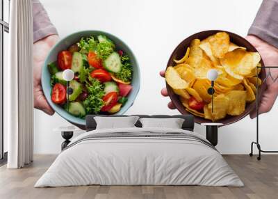 Balancing Choices: Fresh Vegetable Salad vs. Processed Chips for a Healthier Snack Wall mural