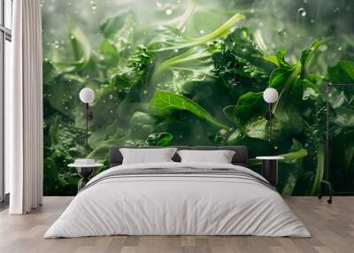 Fresh green spinach leaves on a natural background. Top view of fresh organic spinach leaves. Healthy green food and vegan background. Wall mural