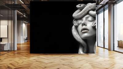 Gorgon Medusa black and white, white plaster sculpture isolated on black background. Abstract modern art portrait. Portrait of girl with snakes on her head. Copy space. Empty background. Wall mural